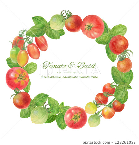 水彩畫的新鮮番茄和甜羅勒卡通素材 128261052