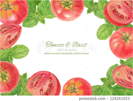 Fresh tomato and sweet basil cartoon material drawn by watercolor Fresh tomato and sweet basil cartoon material drawn by watercolor 128261053