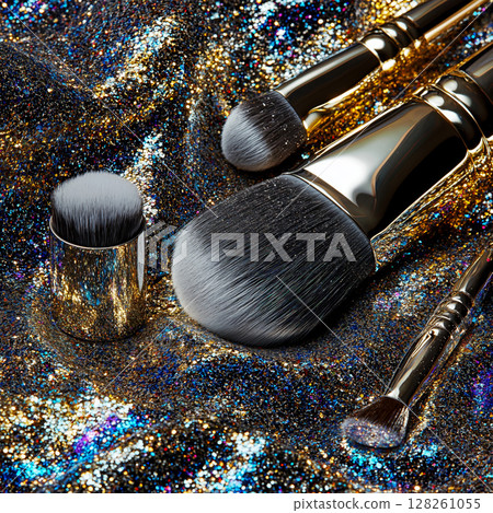 Luxurious makeup brushes on sparkling glitter with shiny gold handles 128261055