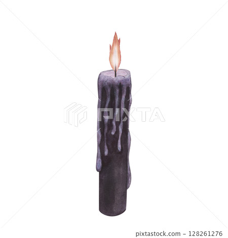 Witch's magical purple violet wax candle flame isolated on white background. Watercolor hand drawn dark fantasy sketch illustration. Art design mystical halloween witch decoration greeting card 128261276