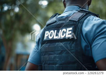 身穿制服的男警官的背影（事件、意外、調查） 128261279