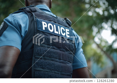 身穿制服的男警官的背影（事件、意外、調查） 128261280