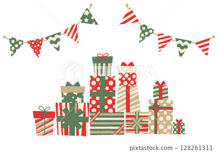 一堆禮物盒和花環的向量插圖 128261311