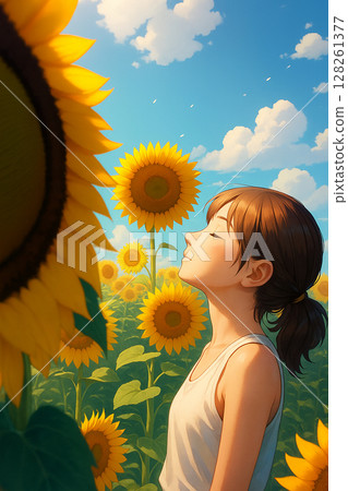 A girl looking up at a sunflower, nostalgic summer 1 128261377
