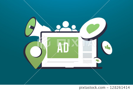 Targeted advertising on digital platform with location marker, social engagement icons, megaphone and user group highlighting audience targeting and ad campaign strategy. Vector illustration 128261414