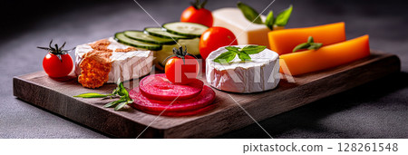 Delicious breakfast board with a variety of cheeses, meats, and fresh vegetables served on a wooden platter Delicious breakfast board with a variety of cheeses, meats, and fresh vegetables served on a wooden platter 128261548