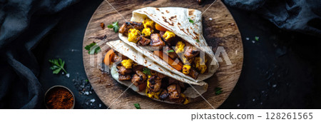Breakfast tacos feature scrambled eggs, colorful vegetables, and spices wrapped in soft tortillas, garnished with fresh herbs, ready to enjoy on a cozy morning, banner 128261565