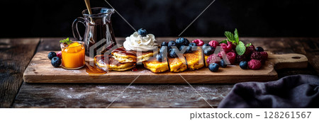 Mouthwatering breakfast boards display fluffy pancakes topped with whipped cream, vibrant berries, and slices of fresh fruit, drizzled with syrup at a rustic cafe, banner Mouthwatering breakfast boards display fluffy pancakes topped with whipped cream, vibrant berries, and slices of fresh fruit, drizzled with syrup at a rustic cafe, banner 128261567