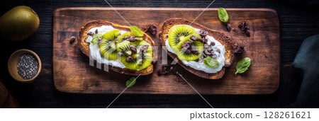 Enjoying vibrant breakfast toasts topped with kiwi, mango, and yogurt, beautifully presented on a wooden board. Perfect for a delightful morning meal in a home kitchen, banner 128261621