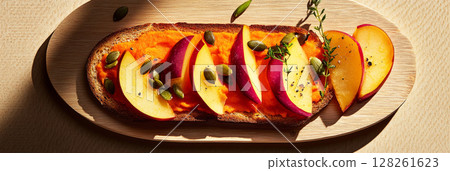 Delicious toasts feature a base of hearty bread, generously layered with cheese, vibrant vegetables, and seeds. Ideal for a nutritious meal at any time of the day, banner 128261623