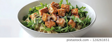 A nutritious breakfast bowl showcases fluffy quinoa topped with seasoned sesame tofu, fresh arugula, and cherry tomatoes, presented on a stylish countertop, banner 128261651