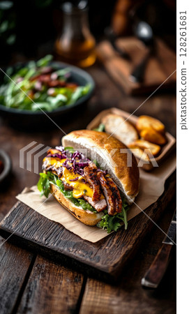 A breakfast sandwich features crispy chicken, melted cheese, and fresh greens. It is served on a wooden board against a warm kitchen backdrop, inviting and comforting 128261681