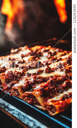 A traditional Italian lasagna is being cooked in a rustic oven, showcasing layers of meat, cheese, and sauce bubbling with flavor, creating an inviting aroma in the kitchen 128261695