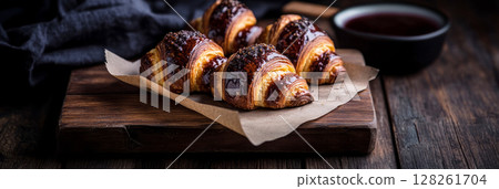Freshly baked croissants are beautifully arranged on a rustic wooden platter, adding a charming touch to a breakfast setting, complemented by aromatic herbs, banner 128261704
