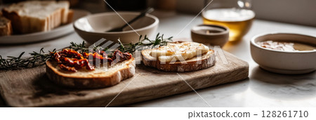 Thick bread toast topped with creamy cheese, dried tomatoes, and herbs served alongside a small bowl of olive oil. This dish showcases a delicious blend of flavors, banner 128261710