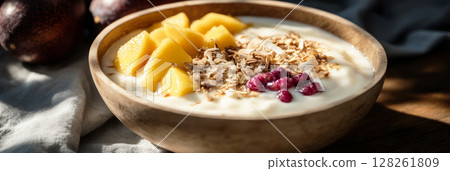 Creamy yogurt is beautifully topped with fresh mango and crunchy toasted coconut, highlighting a vibrant seasonal breakfast enjoyed in a cozy kitchen setting, banner 128261809