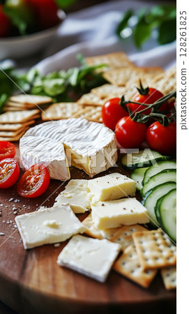 A colorful breakfast board displays an array of fresh ingredients including cucumbers, tomatoes, cheese, and crackers set against a bright, inviting backdrop. Perfect for sharing A colorful breakfast board displays an array of fresh ingredients including cucumbers, tomatoes, cheese, and crackers set against a bright, inviting backdrop. Perfect for sharing 128261825