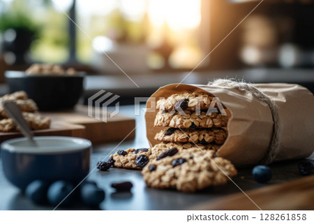 A cozy breakfast setting featuring freshly baked oatmeal cookies with berries and a cup of steaming coffee, illuminated by warm morning light through a window A cozy breakfast setting featuring freshly baked oatmeal cookies with berries and a cup of steaming coffee, illuminated by warm morning light through a window 128261858