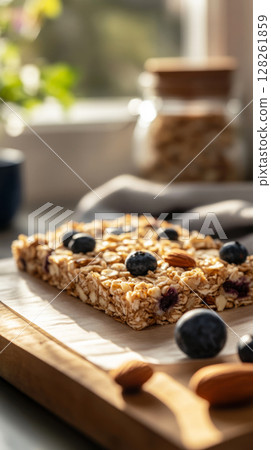 A nutritious granola bar topped with blueberries and raspberries is presented on a slate plate alongside fresh coffee in a warm kitchen ambiance 128261859