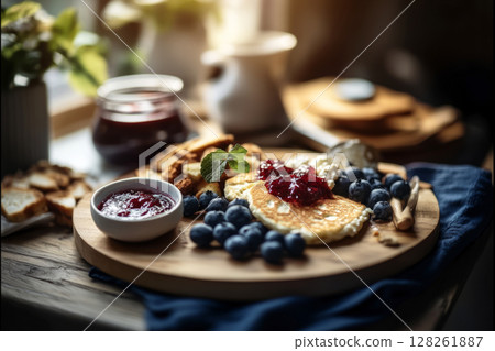 A stunning breakfast board with golden pancakes, fresh blueberries and raspberries, and colorful jam in a sunlit kitchen creates a warm, inviting morning vibe 128261887