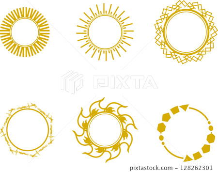 Fantasy circle frame illustration of the sun, flames and swords 128262301