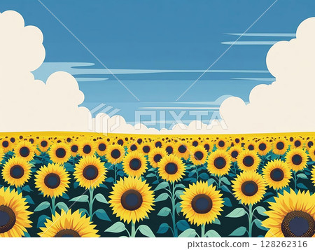 藍天白雲背景下的向日葵田的插圖 128262316