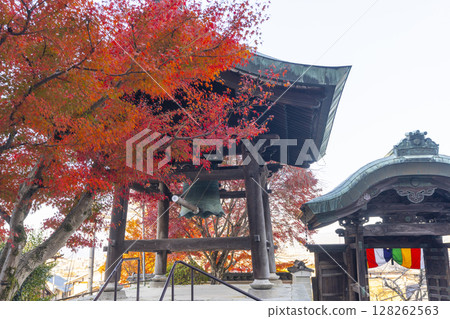 Autumn in Kyoto: Honganji Kitayama Betsuin Temple's mountain gate and bell tower surrounded by autumn leaves 128262563