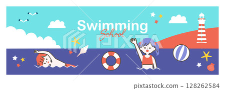 Background with illustrations of the sea and children in swimsuits_2 128262584