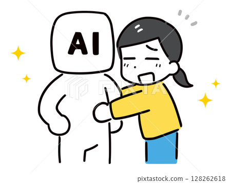AI character and smiling young woman 128262618
