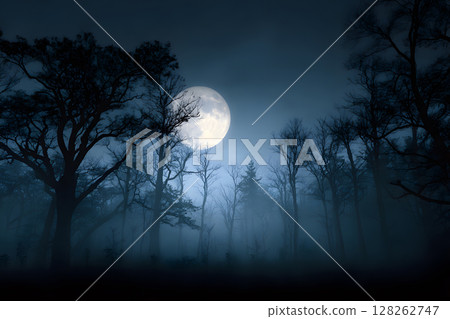 Atmospheric Halloween background with moonlight and misty trees. Ideal for posters, party flyers, or horror-themed designs. 128262747