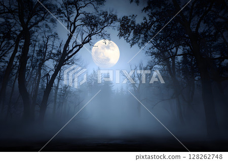 Atmospheric Halloween background with moonlight and misty trees. Ideal for posters, party flyers, or horror-themed designs. 128262748