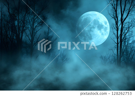 Atmospheric Halloween background with moonlight and misty trees. Ideal for posters, party flyers, or horror-themed designs. 128262753
