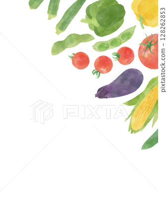 Vertical frame with watercolor summer vegetables on the top right 128262853