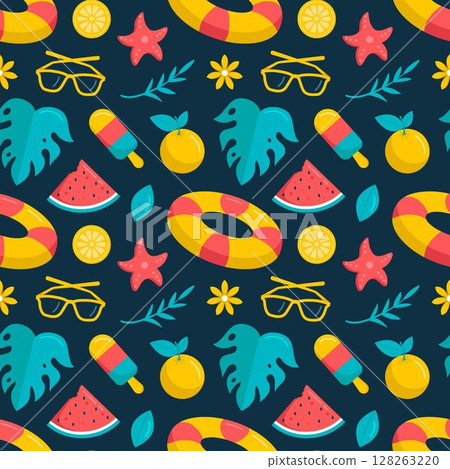 Tropical Summer Seamless Pattern with Beach Elements in a Flat Cartoon Style Illustration Tropical Summer Seamless Pattern with Beach Elements in a Flat Cartoon Style Illustration 128263220