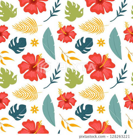 Tropical Summer Seamless Pattern with Beach Elements in a Flat Cartoon Style Illustration Tropical Summer Seamless Pattern with Beach Elements in a Flat Cartoon Style Illustration 128263221