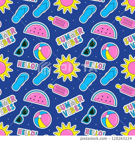 Tropical Summer Seamless Pattern with Beach Elements in a Flat Cartoon Style Illustration 128263224