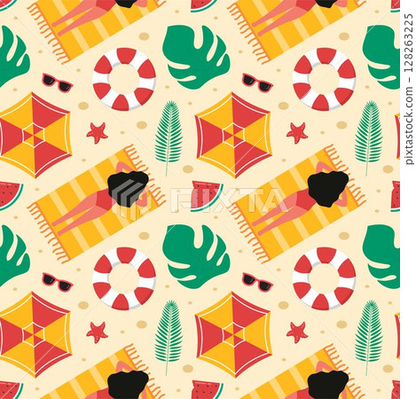 Tropical Summer Seamless Pattern with Beach Elements in a Flat Cartoon Style Illustration Tropical Summer Seamless Pattern with Beach Elements in a Flat Cartoon Style Illustration 128263225