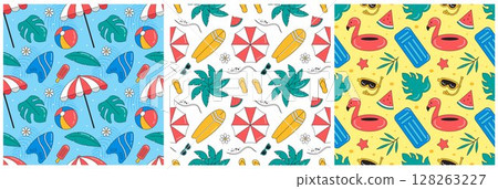 Tropical Summer Seamless Pattern with Beach Elements in a Flat Cartoon Style Illustration 128263227