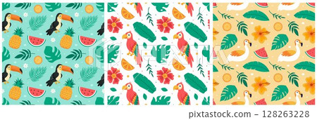 Tropical Summer Seamless Pattern with Beach Elements in a Flat Cartoon Style Illustration Tropical Summer Seamless Pattern with Beach Elements in a Flat Cartoon Style Illustration 128263228