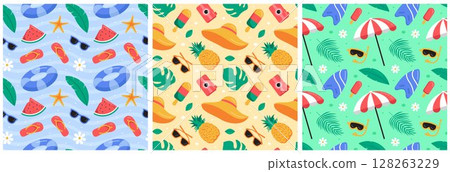 Tropical Summer Seamless Pattern with Beach Elements in a Flat Cartoon Style Illustration 128263229