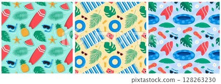 Tropical Summer Seamless Pattern with Beach Elements in a Flat Cartoon Style Illustration Tropical Summer Seamless Pattern with Beach Elements in a Flat Cartoon Style Illustration 128263230