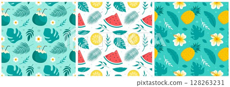 Tropical Summer Seamless Pattern with Beach Elements in a Flat Cartoon Style Illustration 128263231