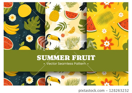 Tropical Summer Seamless Pattern with Beach Elements in a Flat Cartoon Style Illustration Tropical Summer Seamless Pattern with Beach Elements in a Flat Cartoon Style Illustration 128263232