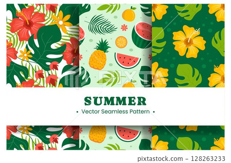 Tropical Summer Seamless Pattern with Beach Elements in a Flat Cartoon Style Illustration Tropical Summer Seamless Pattern with Beach Elements in a Flat Cartoon Style Illustration 128263233