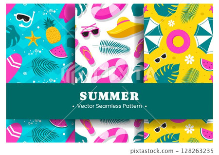 Tropical Summer Seamless Pattern with Beach Elements in a Flat Cartoon Style Illustration 128263235
