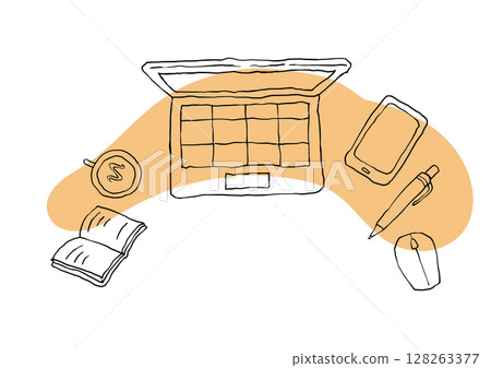 Aerial view of a workspace (laptop, smartphone, notebook, pen) 128263377