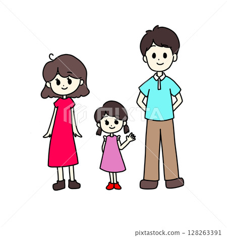 A family of three, a couple and their daughter, standing with smiles A family of three, a couple and their daughter, standing with smiles 128263391