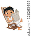 Cute illustration of traditional, hindu boy or man wearing dhoti, reading, newspaper, relaxed 128263499