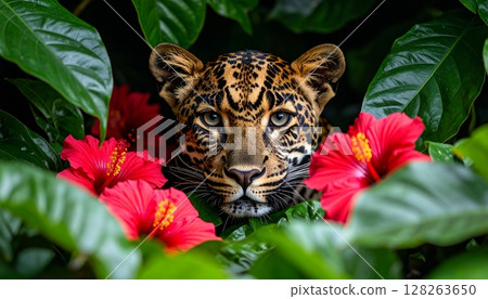 Leopard Among Leaves and Red Hibiscus Flowers 128263650