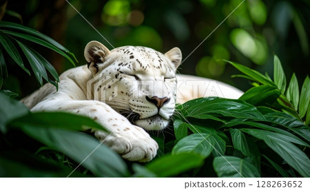 White Leopard Sleeping on Leaves in Dark Forest 128263652